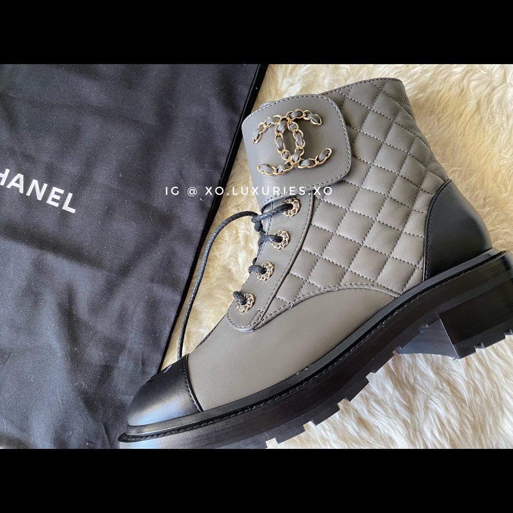 Authentic Receipt CHANEL combat brave short boots grey gray lace black